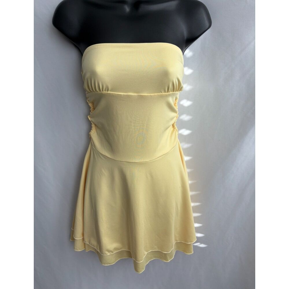 Strapless Tube Flare Yellow Dress Sleeveless Tiered Ruffled Hem Ruched Girly M